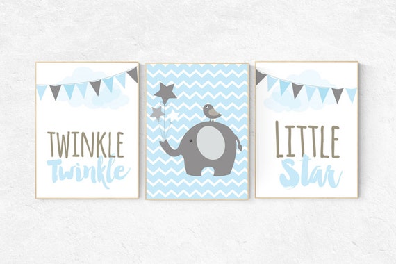 Baby room art chevron elephant, nursery wall art elephant, nursery decor boy elephant, twinkle twinkle little star, blue nursery prints