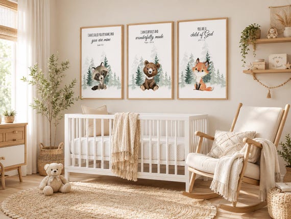 Woodland Nursery Print Set: Animal Prints, Bible Verse Nursery