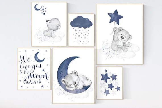 Nursery decor bear, nursery wall art boy, navy blue grey, navy nursery, cloud and stars nursery, bear nursery art, moon nursery art