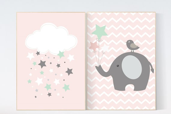 Elephant nursery decor, cloud nursery decor, baby girl nursery decor, coral nursery decor, girls room wall art, nursery prints girl elephant