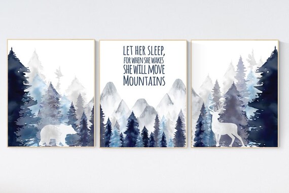 Nursery decor woodland, mountain wall art, tree nursery decor, adventure theme nursery, forest, navy and baby blue, woodland animals