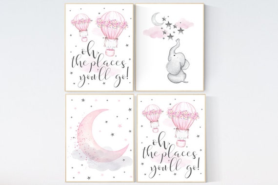 Nursery decor elephant, nursery decor pink and gray, nursery decor hot air balloons, oh the places you'll go, pink nursery, hot air balloon