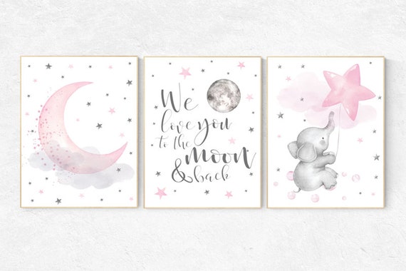 Nursery wall art girl, cloud and stars nursery, pink nursery, nursery decor elephant, we love you to the moon and back, elephant balloon