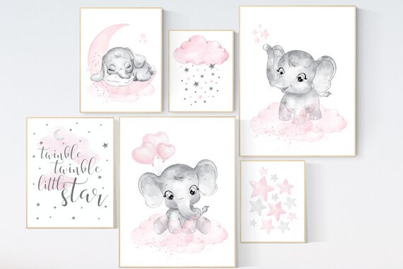 Nursery decor girl pink, elephant, pink grey, nursery decor girl pink, moon and stars, nursery prints girl, nursery girl decor ideas
