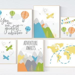 Adventure nursery decor, Nursery decor boy mountains adventure, airplane, world map, adventure awaits, orange, yellow, green, blue