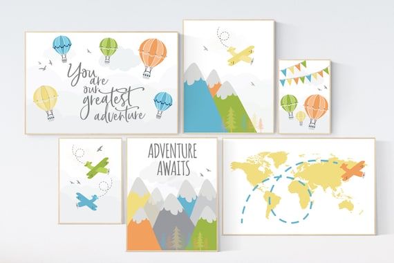 Adventure nursery decor, Nursery decor boy mountains adventure, airplane, world map, adventure awaits, orange, yellow, green, blue