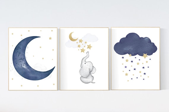 Navy nursery decor elephant, cloud and stars, moon and stars, navy gold nursery art. baby room wall art, boy nursery decor, nursery art