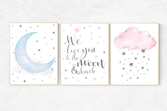 Nursery decor pink blue, we love you to the moon and back, cloud and stars, moon and stars nursery, pink and blue, twins nursery decor