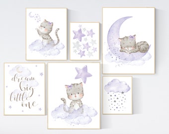 Nursery decor girl purple, cat nursery, Nursery decor girl lavender, kitten nursery, girl nursery decor, cats print for nursery, girls room