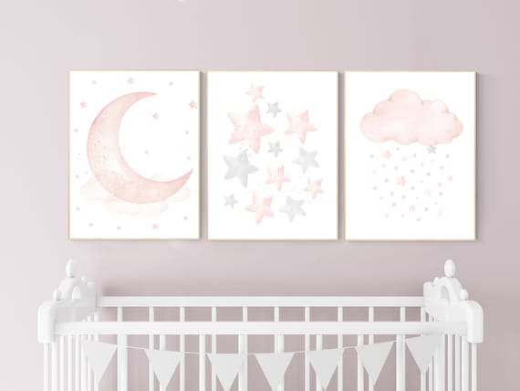 Nursery decor girl, Blush pink, cloud, stars, moon, blush nursery wall art, girls nursery wall decor, nursery prints girl, blush prints