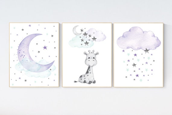 Nursery decor girl purple, Nursery decor girl giraffe, moon and stars, purple mint, lavender, girl nursery decor giraffe, cloud and stars