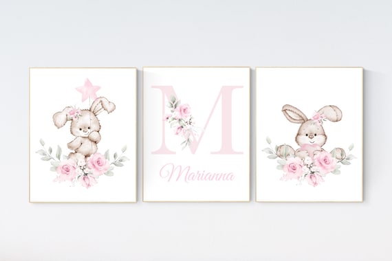 Nursery wall art bunny, pink nursery decor, Nursery decor girl flower bunny, bunny print nursery girl, rabbit nursery, rabbit print nursery