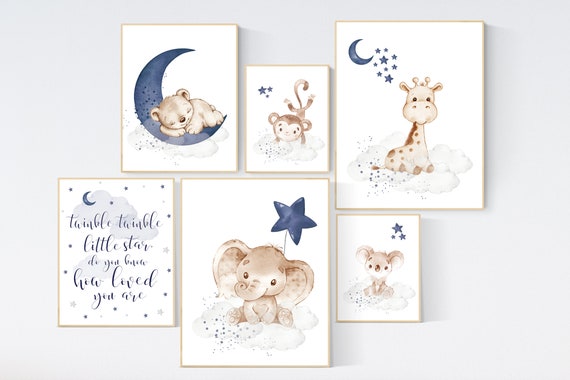 Boy nursery decor, animal prints for nursery, twinkle twinkle little star, elephant nursery, bear nursery, giraffe nursery, animal nursery
