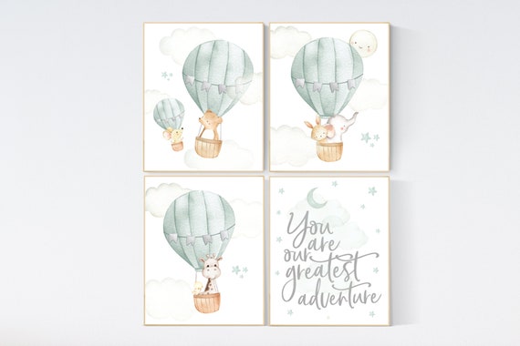 Sage green nursery wall art, you are our greatest adventure, gender neutral, sage nursery art, green nursery, hot air balloon nursery