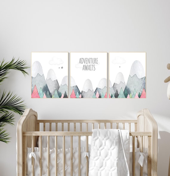 Adventure Awaits Nursery Wall Art Set of 3 - Mountain Forest Baby Room Decor - Boho Gender Neutral Prints - Kids Travel Theme Poster
