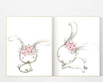Bunny Flower Crown Nursery Print: Girl's Room Decor