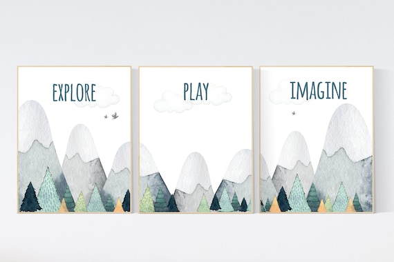 Nursery decor boy mountain, adventure nursery, adventure theme nursery, woodland, gender neutral, explore, play, imagine, mountains nursery