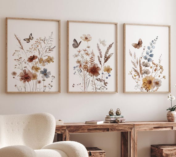 Rustic Wildflower Nursery Wall Art Set of 3, Neutral Botanical Prints with Butterflies, Boho Floral Decor for Bedroom or Living Room
