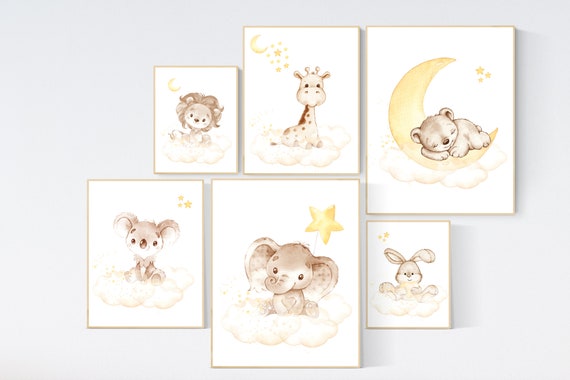 Nursery decor neutral, Yellow gray nursery, animal prints for nursery, elephant, giraffe, bear, koala, bunny, lion, gender neutral, yellow