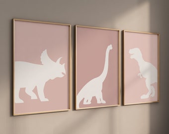 Dinosaur Prints: T-Rex, Triceratops, Brachiosaurus, Blush Nursery Art
