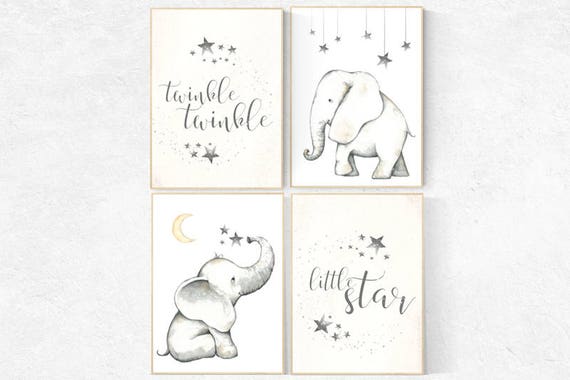 Elephant decor for nursery, Nursery decor neutral, Twinkle Twinkle Little Star, nursery prints elephant, elephant nursery, kids room, animal