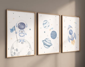 Space Nursery Prints, Astronaut, Rocket, Planets Wall Art - Set of 3