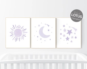 Nursery prints purple, Nursery decor girl, nursery wall art, purple, lavender, moon star, cloud, nursery wall art, sunshine, lilac, girls