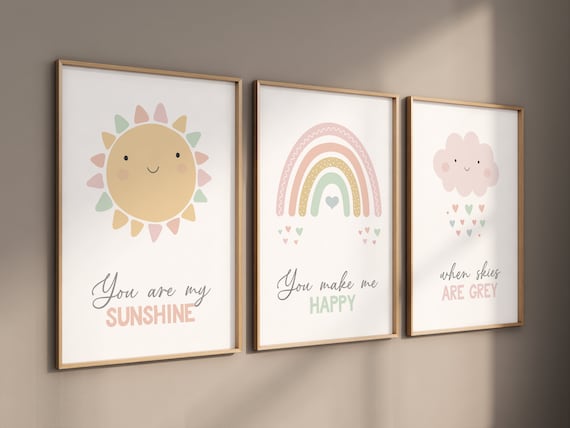 Rainbow wall art, Rainbow nursery print, pastel colors, Pink nursery decor, You are my sunshine, nursery art, Girl bedroom art, sun print