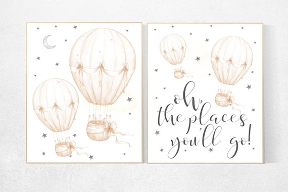 Nursery decor neutral, gender neutral nursery, nursery decor hot air balloons, hot air balloon nursery wall art, twin nursery decor, beige