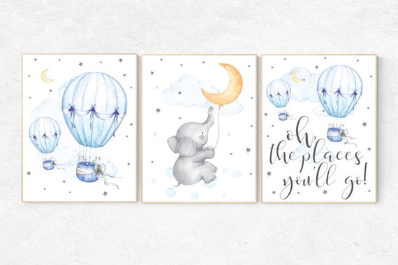 Gender neutral nursery decor, Nursery wall art neutral, nursery decor hot air balloon, Oh the places you'll go, blue yellow, orange nursery