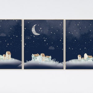 Gender neutral nursery decor, moon and stars, navy nursery, nursery wall decor, set of 3, nursery decor sets, nursery decor boy stars