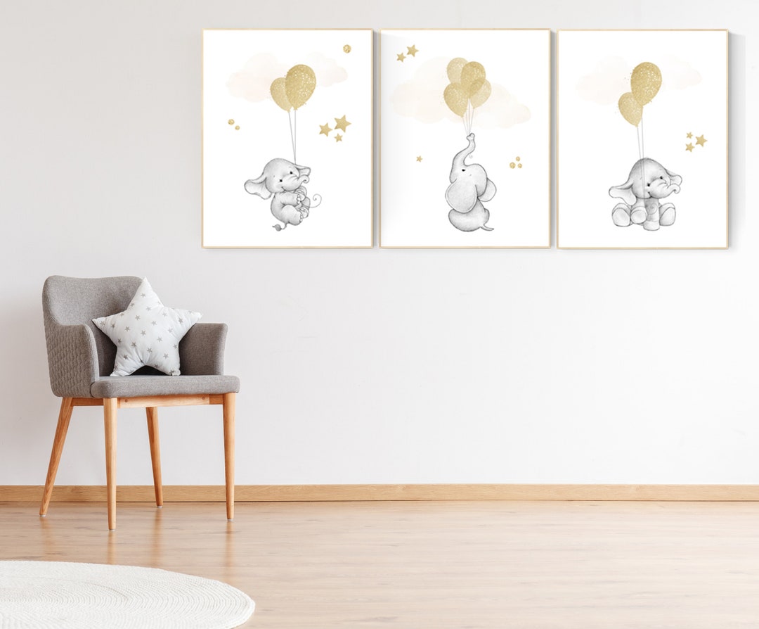 Gold Nursery Wall Art Elephant Balloon Print Nursery Wall Etsy