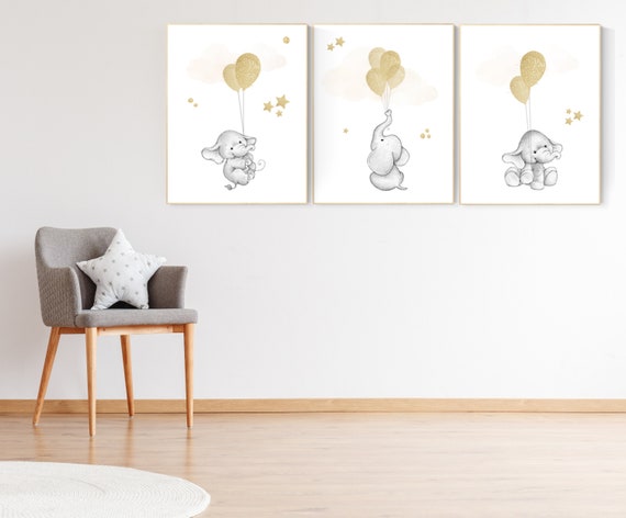 Gold nursery wall art, elephant balloon print, nursery wall art  elephant, gold nursery decor, gold nursery art, gender neutral baby room