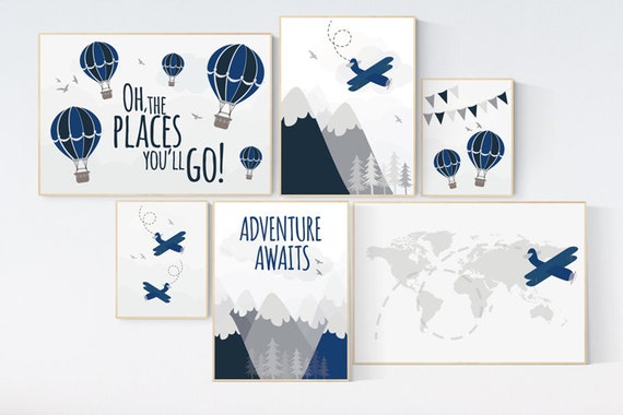 Nursery decor boy travel, nursery decor boy mountain, airplane, adventure awaits, hot air balloon, world map, navy gray, grey, travel theme