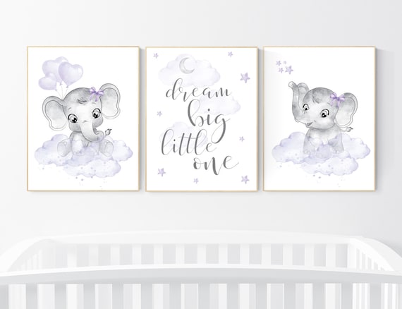 Nursery prints girl, Nursery decor girl purple, nursery decor elephant girl, moon and stars, lavender, girl nursery ideas, lilac nursery