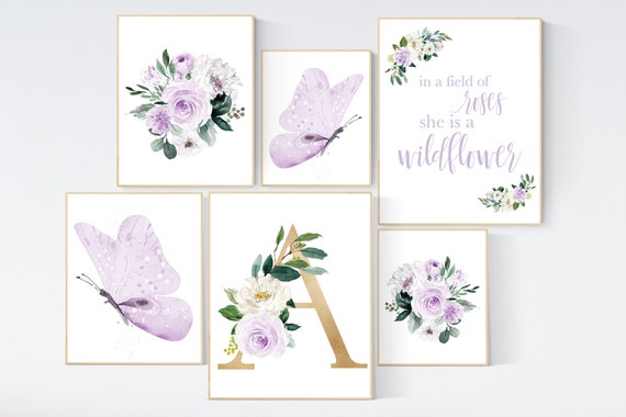 Nursery decor purple, Nursery decor girl name, purple gold, in a field of roses she is a wildflower, lavender nursery, lilac nursery prints