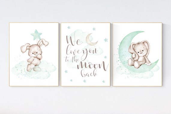 Nursery decor bunny, mint nursery, rabbit nursery, mint green nursery, we love you to the moon and back, gender neutral, mint green nursery