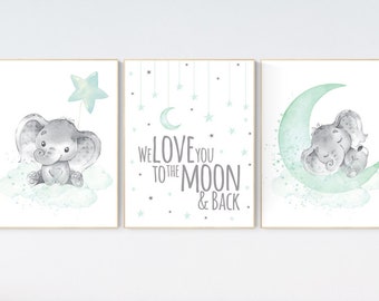 We love you to the moon and back, Elephant nursery art, elephant nursery print, mint nursery decor, gender neutral, aqua, moon and stars