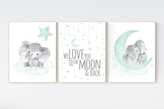 We love you to the moon and back, Elephant nursery art, elephant nursery print, mint nursery decor, gender neutral, aqua, moon and stars