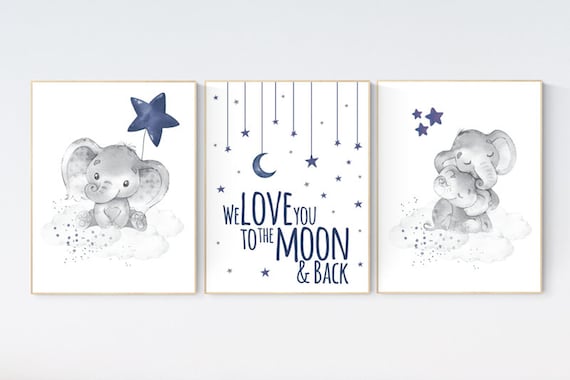 Navy nursery decor, cloud and stars, moon and stars, navy blue nursery art. baby room wall art, boy nursery decor, set of 3, nursery art