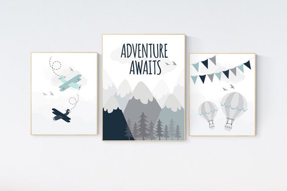 Adventure nursery decor, nursery decor boy adventure, nursery decor boy airplane, world map nursery, adventure awaits, mountain nursery