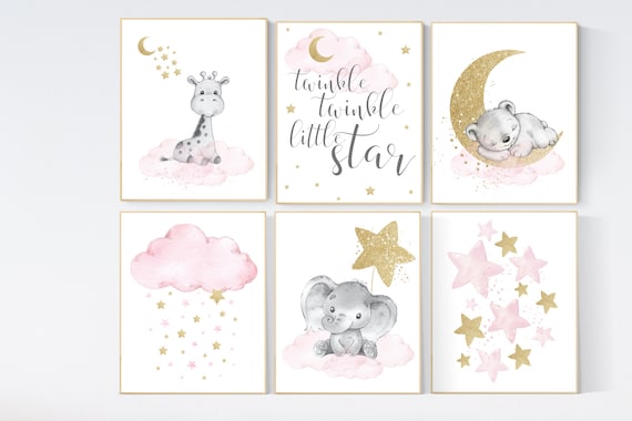 We love you to the moon and back, giraffe elephant, Pink gold nursery, girl room wall art, moon nursery, Nursery decor girl, baby room print