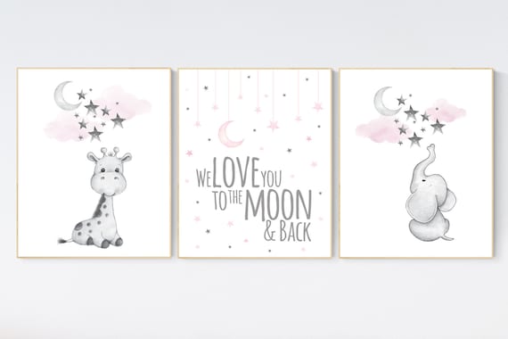 Girls room decor, Nursery decor girl pink and gray, nursery decor girl pink, Elephant and giraffe nursery, we love you to the moon and back