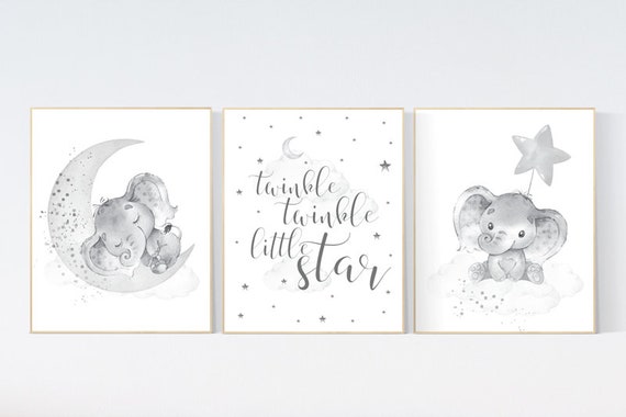 Grey nursery wall art, gender neutral, elephant nursery wall art, gray nursery art, nursery wall decor, moon, stars, neutral, twin nursery