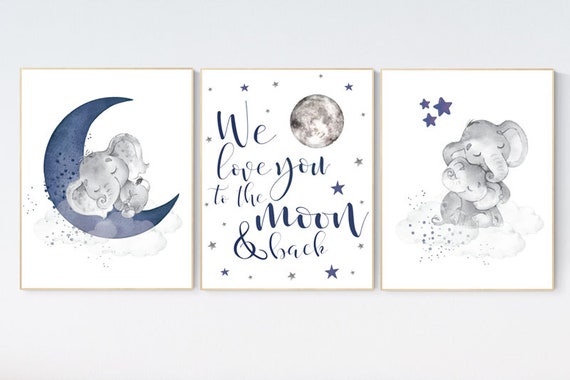 Nursery decor elephant, navy nursery decor, cloud and stars, moon and stars, navy blue nursery art. baby room wall art, elephant nursery