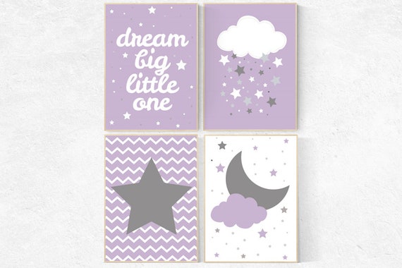 Nursery decor girl purple, moon and stars nursery, cloud and star nursery prints, Lilac nursery, purple nursery, lilac and gray, lavender,