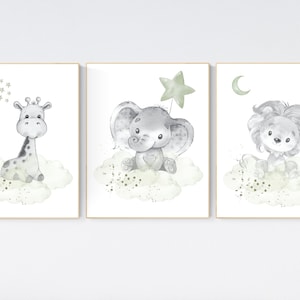 Nursery decor gender neutral, Sage green, elephant, giraffe, lion, gender neutral prints, animal prints, green nursery, baby room prints