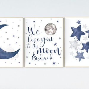 Navy Blue Nursery Prints: Moon, Stars, 'We Love You' Art