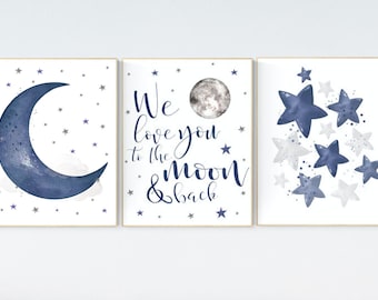 Nursery decor boy navy blue, Nursery wall art boy, navy nursery decor, moon and stars, we love you to the moon and back, nursery prints boy