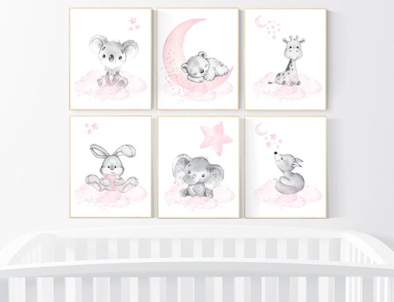 Nursery decor girl animals, pink grey, nursery decor girl woodland animals, teddy bear, elephant, giraffe, baby girl nursery prints